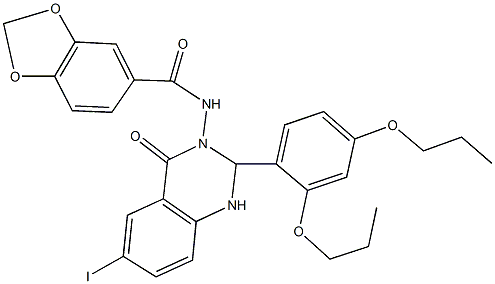 N-(2-(2,4-dipropoxyphenyl)-6-iodo-4-oxo-1,4-dihydro-3(2H)-quinazolinyl)-1,3-benzodioxole-5-carboxamide 结构式