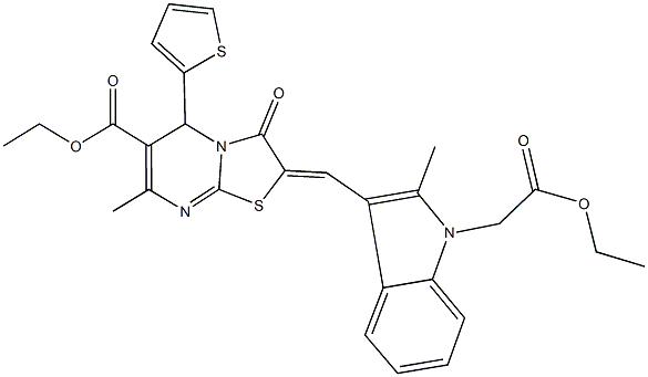 ethyl 2-{[1-(2-ethoxy-2-oxoethyl)-2-methyl-1H-indol-3-yl]methylene}-7-methyl-3-oxo-5-(2-thienyl)-2,3-dihydro-5H-[1,3]thiazolo[3,2-a]pyrimidine-6-carboxylate 结构式