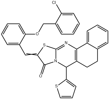 10-{2-[(2-chlorobenzyl)oxy]benzylidene}-7-(2-thienyl)-5,7-dihydro-6H-benzo[h][1,3]thiazolo[2,3-b]quinazolin-9(10H)-one 结构式