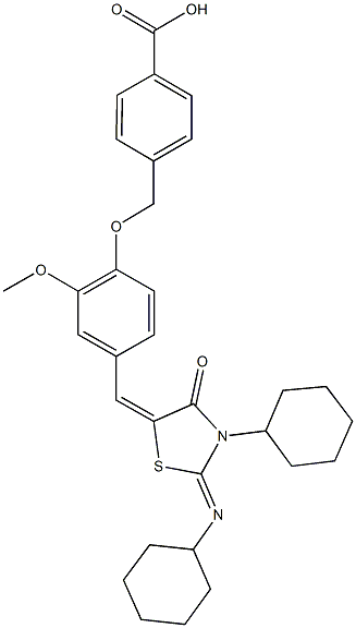 4-[(4-{[3-cyclohexyl-2-(cyclohexylimino)-4-oxo-1,3-thiazolidin-5-ylidene]methyl}-2-methoxyphenoxy)methyl]benzoic acid 结构式