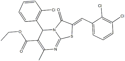 ethyl 5-(2-chlorophenyl)-2-(2,3-dichlorobenzylidene)-7-methyl-3-oxo-2,3-dihydro-5H-[1,3]thiazolo[3,2-a]pyrimidine-6-carboxylate 结构式