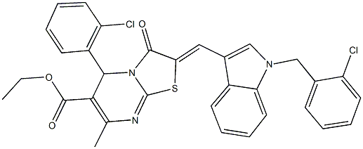 ethyl 2-{[1-(2-chlorobenzyl)-1H-indol-3-yl]methylene}-5-(2-chlorophenyl)-7-methyl-3-oxo-2,3-dihydro-5H-[1,3]thiazolo[3,2-a]pyrimidine-6-carboxylate 结构式