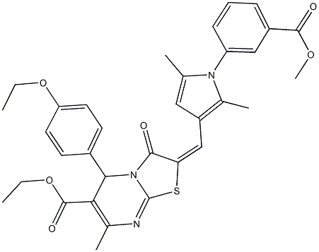 ethyl 5-(4-ethoxyphenyl)-2-({1-[3-(methoxycarbonyl)phenyl]-2,5-dimethyl-1H-pyrrol-3-yl}methylene)-7-methyl-3-oxo-2,3-dihydro-5H-[1,3]thiazolo[3,2-a]pyrimidine-6-carboxylate 结构式