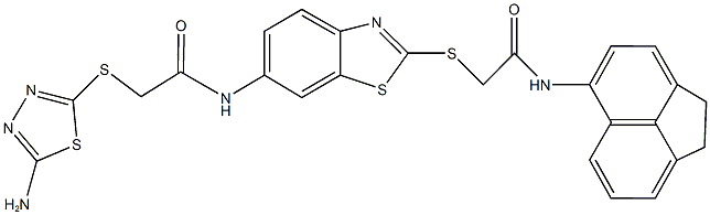 2-[(5-amino-1,3,4-thiadiazol-2-yl)sulfanyl]-N-(2-{[2-(1,2-dihydro-5-acenaphthylenylamino)-2-oxoethyl]sulfanyl}-1,3-benzothiazol-6-yl)acetamide 结构式