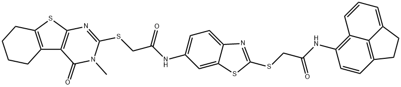 N-(2-{[2-(1,2-dihydro-5-acenaphthylenylamino)-2-oxoethyl]sulfanyl}-1,3-benzothiazol-6-yl)-2-[(3-methyl-4-oxo-3,4,5,6,7,8-hexahydro[1]benzothieno[2,3-d]pyrimidin-2-yl)sulfanyl]acetamide 结构式