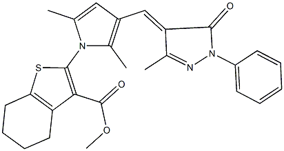 methyl 2-{2,5-dimethyl-3-[(3-methyl-5-oxo-1-phenyl-1,5-dihydro-4H-pyrazol-4-ylidene)methyl]-1H-pyrrol-1-yl}-4,5,6,7-tetrahydro-1-benzothiophene-3-carboxylate 结构式