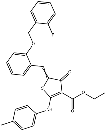 ethyl 5-{2-[(2-fluorobenzyl)oxy]benzylidene}-4-oxo-2-(4-toluidino)-4,5-dihydro-3-thiophenecarboxylate 结构式