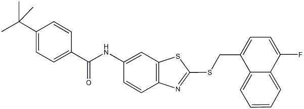 4-tert-butyl-N-(2-{[(4-fluoro-1-naphthyl)methyl]sulfanyl}-1,3-benzothiazol-6-yl)benzamide 结构式
