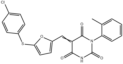 5-({5-[(4-chlorophenyl)sulfanyl]-2-furyl}methylene)-1-(2-methylphenyl)-2,4,6(1H,3H,5H)-pyrimidinetrione 结构式