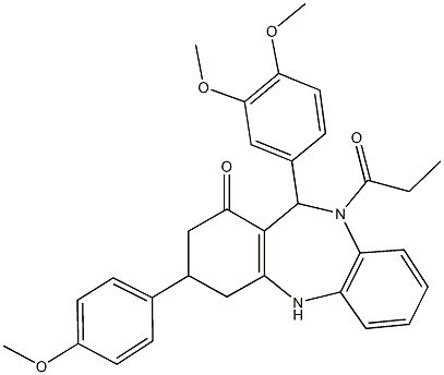 11-(3,4-dimethoxyphenyl)-3-(4-methoxyphenyl)-10-propionyl-2,3,4,5,10,11-hexahydro-1H-dibenzo[b,e][1,4]diazepin-1-one 结构式