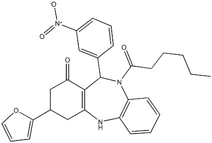 3-(2-furyl)-10-hexanoyl-11-{3-nitrophenyl}-2,3,4,5,10,11-hexahydro-1H-dibenzo[b,e][1,4]diazepin-1-one 结构式