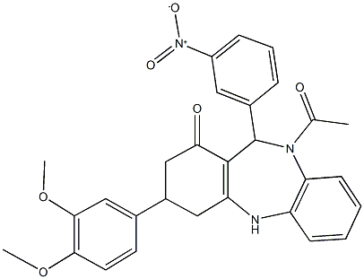 10-acetyl-3-(3,4-dimethoxyphenyl)-11-{3-nitrophenyl}-2,3,4,5,10,11-hexahydro-1H-dibenzo[b,e][1,4]diazepin-1-one 结构式