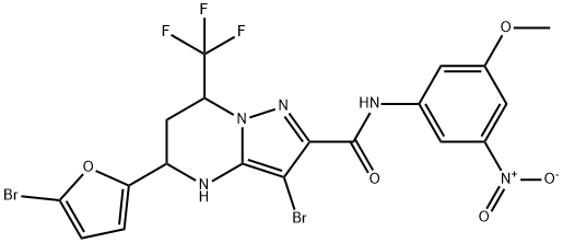 3-bromo-5-(5-bromo-2-furyl)-N-{3-nitro-5-methoxyphenyl}-7-(trifluoromethyl)-4,5,6,7-tetrahydropyrazolo[1,5-a]pyrimidine-2-carboxamide 结构式