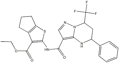 ethyl 2-({[5-phenyl-7-(trifluoromethyl)-4,5,6,7-tetrahydropyrazolo[1,5-a]pyrimidin-3-yl]carbonyl}amino)-5,6-dihydro-4H-cyclopenta[b]thiophene-3-carboxylate 结构式