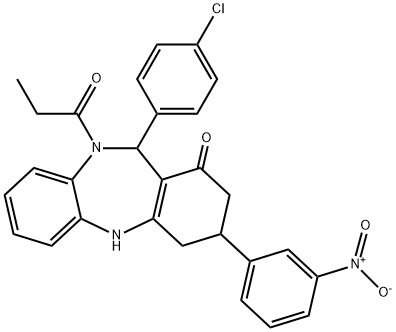 11-(4-chlorophenyl)-3-{3-nitrophenyl}-10-propionyl-2,3,4,5,10,11-hexahydro-1H-dibenzo[b,e][1,4]diazepin-1-one 结构式