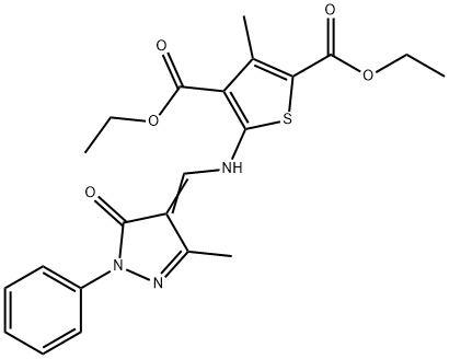 diethyl 3-methyl-5-{[(3-methyl-5-oxo-1-phenyl-1,5-dihydro-4H-pyrazol-4-ylidene)methyl]amino}-2,4-thiophenedicarboxylate 结构式