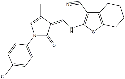 2-({[1-(4-chlorophenyl)-3-methyl-5-oxo-1,5-dihydro-4H-pyrazol-4-ylidene]methyl}amino)-4,5,6,7-tetrahydro-1-benzothiophene-3-carbonitrile 结构式