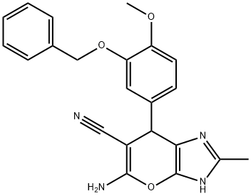 5-amino-7-[3-(benzyloxy)-4-methoxyphenyl]-2-methyl-3,7-dihydropyrano[2,3-d]imidazole-6-carbonitrile 结构式
