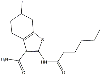 2-(hexanoylamino)-6-methyl-4,5,6,7-tetrahydro-1-benzothiophene-3-carboxamide 结构式