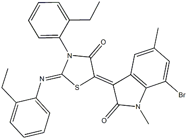 7-bromo-3-{3-(2-ethylphenyl)-2-[(2-ethylphenyl)imino]-4-oxo-1,3-thiazolidin-5-ylidene}-1,5-dimethyl-1,3-dihydro-2H-indol-2-one 结构式