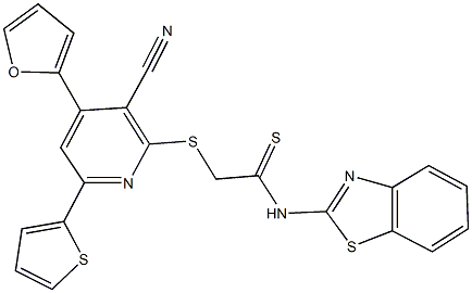 N-(1,3-benzothiazol-2-yl)-2-{[3-cyano-4-(2-furyl)-6-(2-thienyl)-2-pyridinyl]sulfanyl}ethanethioamide 结构式