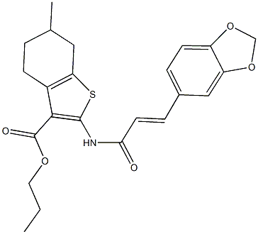 propyl 2-{[3-(1,3-benzodioxol-5-yl)acryloyl]amino}-6-methyl-4,5,6,7-tetrahydro-1-benzothiophene-3-carboxylate 结构式