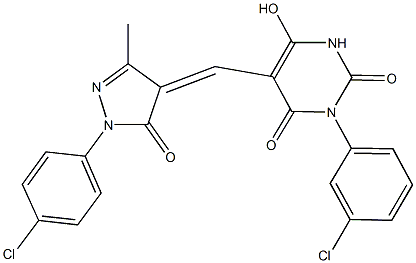3-(3-chlorophenyl)-5-{[1-(4-chlorophenyl)-3-methyl-5-oxo-1,5-dihydro-4H-pyrazol-4-ylidene]methyl}-6-hydroxy-2,4(1H,3H)-pyrimidinedione 结构式