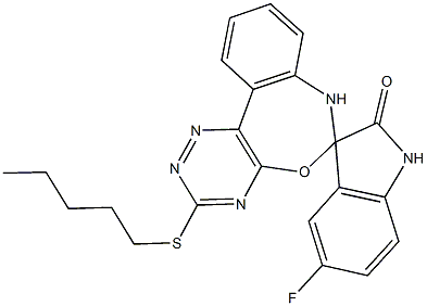 5-fluoro-3'-(pentylsulfanyl)-1,3,6',7'-tetrahydrospiro[2H-indole-3,6'-[1,2,4]triazino[5,6-d][3,1]benzoxazepine]-2-one 结构式