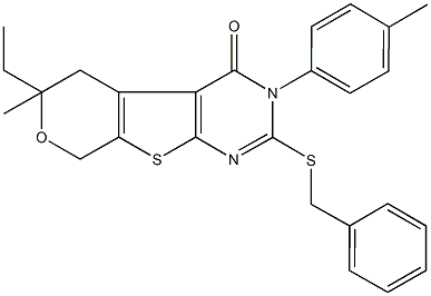 2-(benzylsulfanyl)-6-ethyl-6-methyl-3-(4-methylphenyl)-3,5,6,8-tetrahydro-4H-pyrano[4',3':4,5]thieno[2,3-d]pyrimidin-4-one 结构式