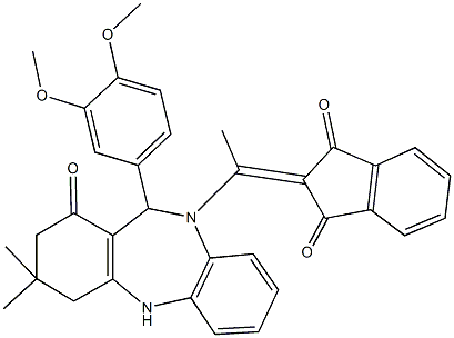 2-{1-[11-(3,4-dimethoxyphenyl)-3,3-dimethyl-1-oxo-1,2,3,4,5,11-hexahydro-10H-dibenzo[b,e][1,4]diazepin-10-yl]ethylidene}-1H-indene-1,3(2H)-dione 结构式