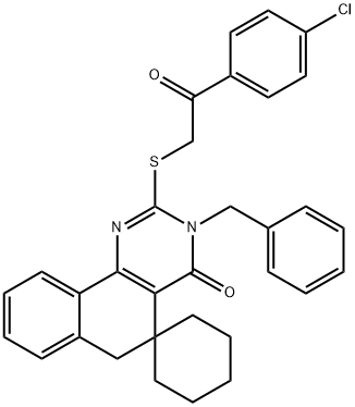 3-benzyl-2-{[2-(4-chlorophenyl)-2-oxoethyl]sulfanyl}-5,6-dihydrospiro(benzo[h]quinazoline-5,1'-cyclohexane)-4(3H)-one 结构式