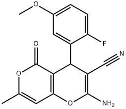 2-amino-4-(2-fluoro-5-methoxyphenyl)-7-methyl-5-oxo-4H,5H-pyrano[4,3-b]pyran-3-carbonitrile 结构式