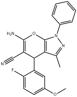 6-amino-4-(2-fluoro-5-methoxyphenyl)-3-methyl-1-phenyl-1,4-dihydropyrano[2,3-c]pyrazole-5-carbonitrile 结构式