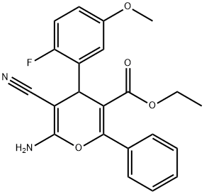 ethyl 6-amino-5-cyano-4-(2-fluoro-5-methoxyphenyl)-2-phenyl-4H-pyran-3-carboxylate 结构式