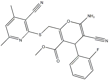 methyl 6-amino-5-cyano-2-{[(3-cyano-4,6-dimethyl-2-pyridinyl)sulfanyl]methyl}-4-(2-fluorophenyl)-4H-pyran-3-carboxylate 结构式