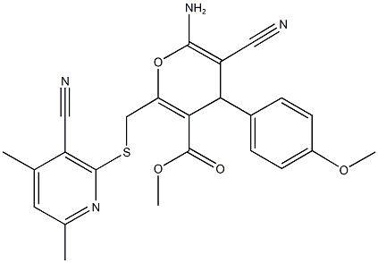 methyl 6-amino-5-cyano-2-{[(3-cyano-4,6-dimethyl-2-pyridinyl)sulfanyl]methyl}-4-(4-methoxyphenyl)-4H-pyran-3-carboxylate 结构式