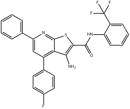 3-amino-4-(4-fluorophenyl)-6-phenyl-N-[2-(trifluoromethyl)phenyl]thieno[2,3-b]pyridine-2-carboxamide 结构式