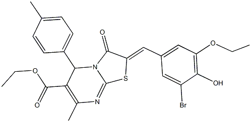 ethyl 2-(3-bromo-5-ethoxy-4-hydroxybenzylidene)-7-methyl-5-(4-methylphenyl)-3-oxo-2,3-dihydro-5H-[1,3]thiazolo[3,2-a]pyrimidine-6-carboxylate 结构式