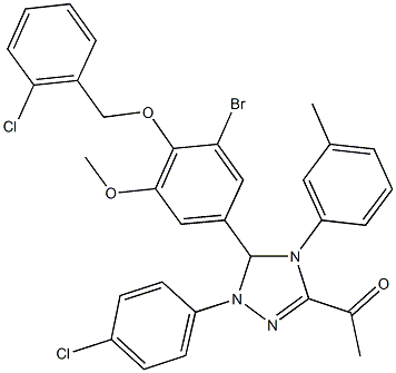 1-[5-{3-bromo-4-[(2-chlorobenzyl)oxy]-5-methoxyphenyl}-1-(4-chlorophenyl)-4-(3-methylphenyl)-4,5-dihydro-1H-1,2,4-triazol-3-yl]ethanone 结构式