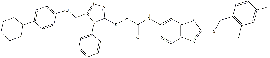 2-({5-[(4-cyclohexylphenoxy)methyl]-4-phenyl-4H-1,2,4-triazol-3-yl}sulfanyl)-N-{2-[(2,4-dimethylbenzyl)sulfanyl]-1,3-benzothiazol-6-yl}acetamide 结构式