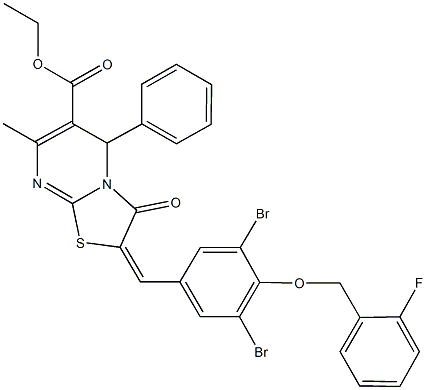 ethyl 2-{3,5-dibromo-4-[(2-fluorobenzyl)oxy]benzylidene}-7-methyl-3-oxo-5-phenyl-2,3-dihydro-5H-[1,3]thiazolo[3,2-a]pyrimidine-6-carboxylate 结构式