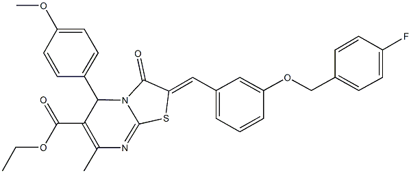 ethyl 2-{3-[(4-fluorobenzyl)oxy]benzylidene}-5-(4-methoxyphenyl)-7-methyl-3-oxo-2,3-dihydro-5H-[1,3]thiazolo[3,2-a]pyrimidine-6-carboxylate 结构式