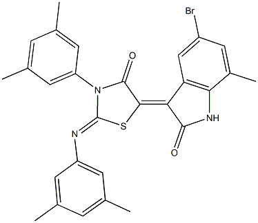 5-bromo-3-{3-(3,5-dimethylphenyl)-2-[(3,5-dimethylphenyl)imino]-4-oxo-1,3-thiazolidin-5-ylidene}-7-methyl-1,3-dihydro-2H-indol-2-one 结构式