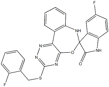 5-fluoro-3'-[(2-fluorobenzyl)sulfanyl]-1,3,6',7'-tetrahydrospiro(2H-indole-3,6'-[1,2,4]triazino[5,6-d][3,1]benzoxazepine)-2-one 结构式