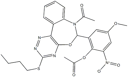 2-[7-acetyl-3-(butylsulfanyl)-6,7-dihydro[1,2,4]triazino[5,6-d][3,1]benzoxazepin-6-yl]-6-nitro-4-methoxyphenyl acetate 结构式
