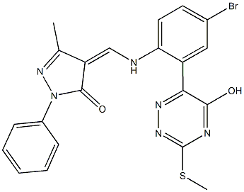 4-({4-bromo-2-[5-hydroxy-3-(methylsulfanyl)-1,2,4-triazin-6-yl]anilino}methylene)-5-methyl-2-phenyl-2,4-dihydro-3H-pyrazol-3-one 结构式