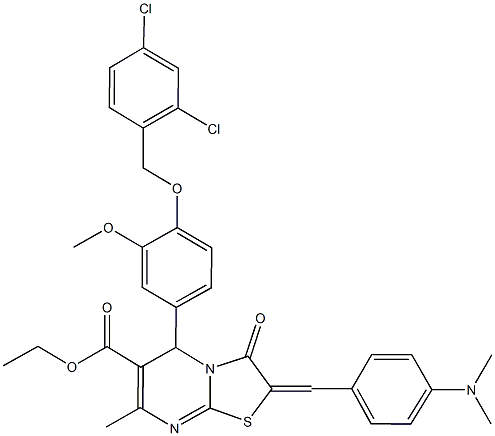 ethyl 5-{4-[(2,4-dichlorobenzyl)oxy]-3-methoxyphenyl}-2-[4-(dimethylamino)benzylidene]-7-methyl-3-oxo-2,3-dihydro-5H-[1,3]thiazolo[3,2-a]pyrimidine-6-carboxylate 结构式