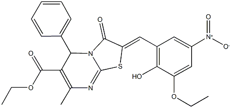 ethyl 2-{3-ethoxy-2-hydroxy-5-nitrobenzylidene}-7-methyl-3-oxo-5-phenyl-2,3-dihydro-5H-[1,3]thiazolo[3,2-a]pyrimidine-6-carboxylate 结构式