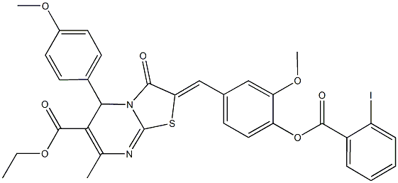 ethyl 2-{4-[(2-iodobenzoyl)oxy]-3-methoxybenzylidene}-5-(4-methoxyphenyl)-7-methyl-3-oxo-2,3-dihydro-5H-[1,3]thiazolo[3,2-a]pyrimidine-6-carboxylate 结构式