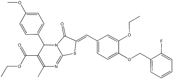 ethyl 2-{3-ethoxy-4-[(2-fluorobenzyl)oxy]benzylidene}-5-(4-methoxyphenyl)-7-methyl-3-oxo-2,3-dihydro-5H-[1,3]thiazolo[3,2-a]pyrimidine-6-carboxylate 结构式